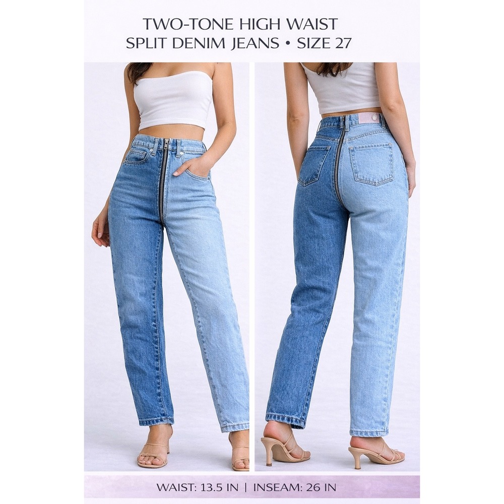 Revice Denim Two-Tone High Waist Split Zipper Jeans Blue Size 27 Straight Leg